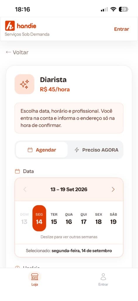 Tela do app Handie para agendar diarista, com calendário e valor por hora