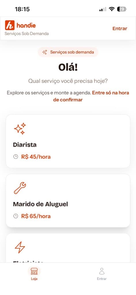 Tela inicial do app Handie, com serviços de diarista e marido de aluguel